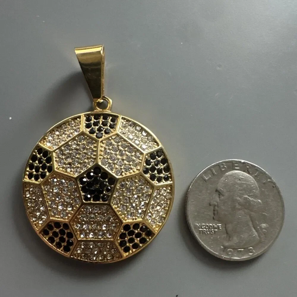 Stainless Steel Soccer Football Pendant 24” Chain World Cup Gold Cubic Zirconia